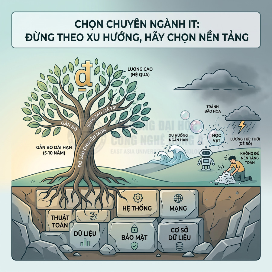 Minh họa cây tri thức ngành IT với nền tảng thuật toán, dữ liệu, bảo mật, hệ thống, mạng, cơ sở dữ liệu