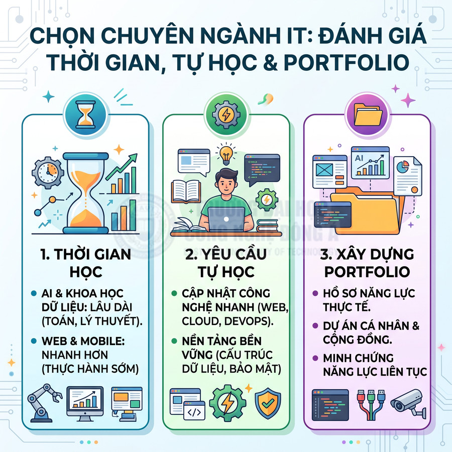 Infographic chọn chuyên ngành IT với tiêu chí thời gian học, yêu cầu tự học và xây dựng portfolio