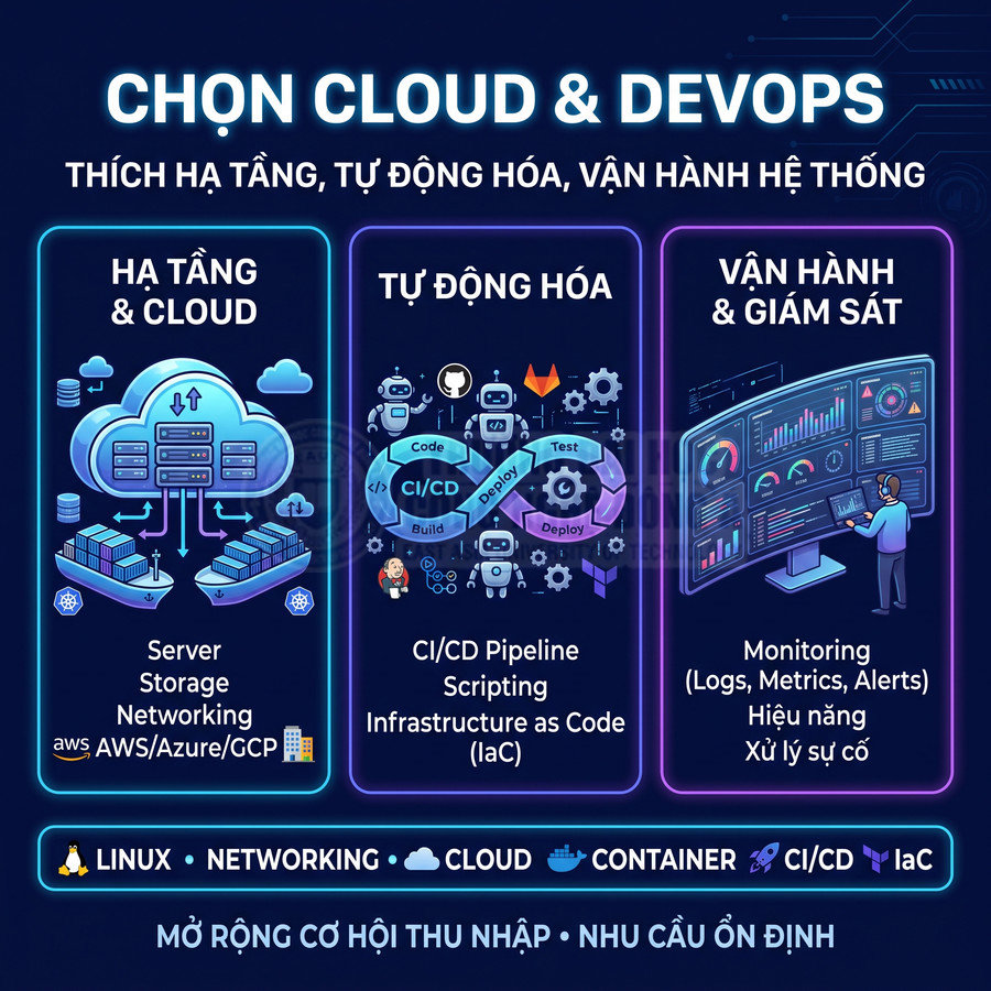 Banner giới thiệu lộ trình học Cloud và DevOps với hạ tầng cloud, tự động hóa CI/CD và vận hành giám sát hệ thống