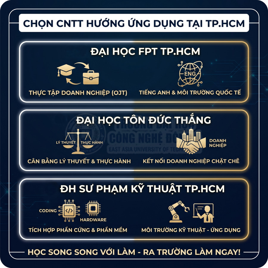 Thông tin so sánh ngành CNTT ứng dụng tại Đại học FPT TP.HCM, Tôn Đức Thắng và Sư phạm Kỹ thuật TP.HCM