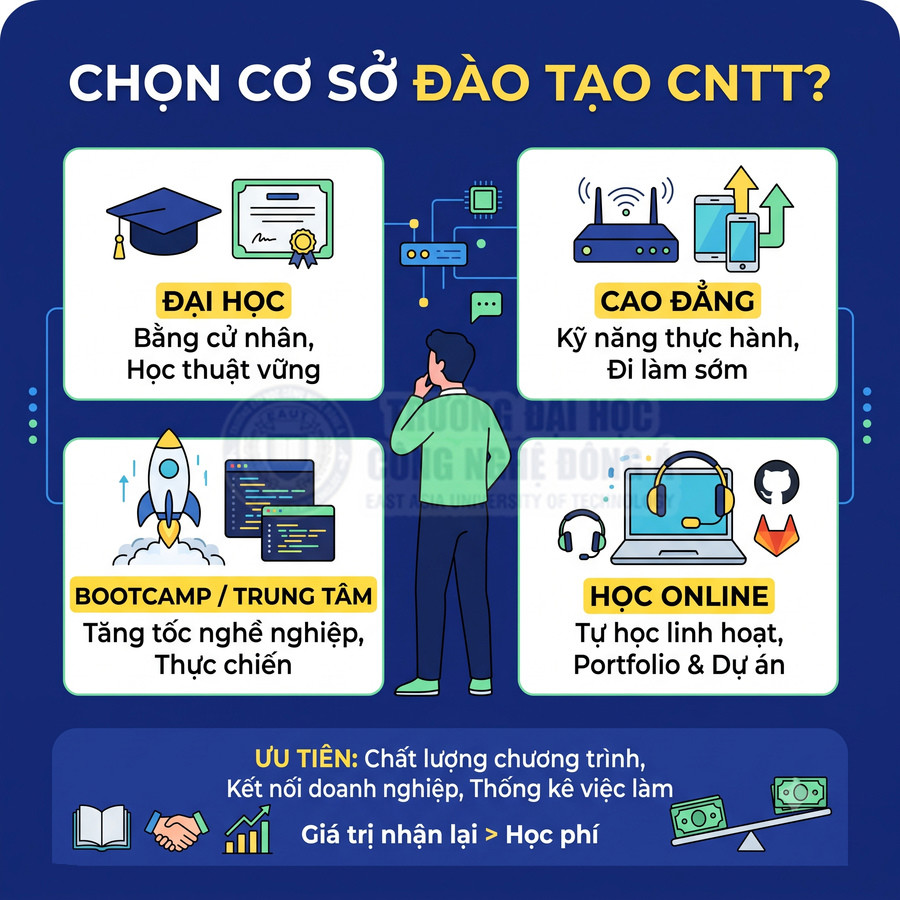 Infographic so sánh các lựa chọn đào tạo CNTT gồm đại học, cao đẳng, bootcamp và học online