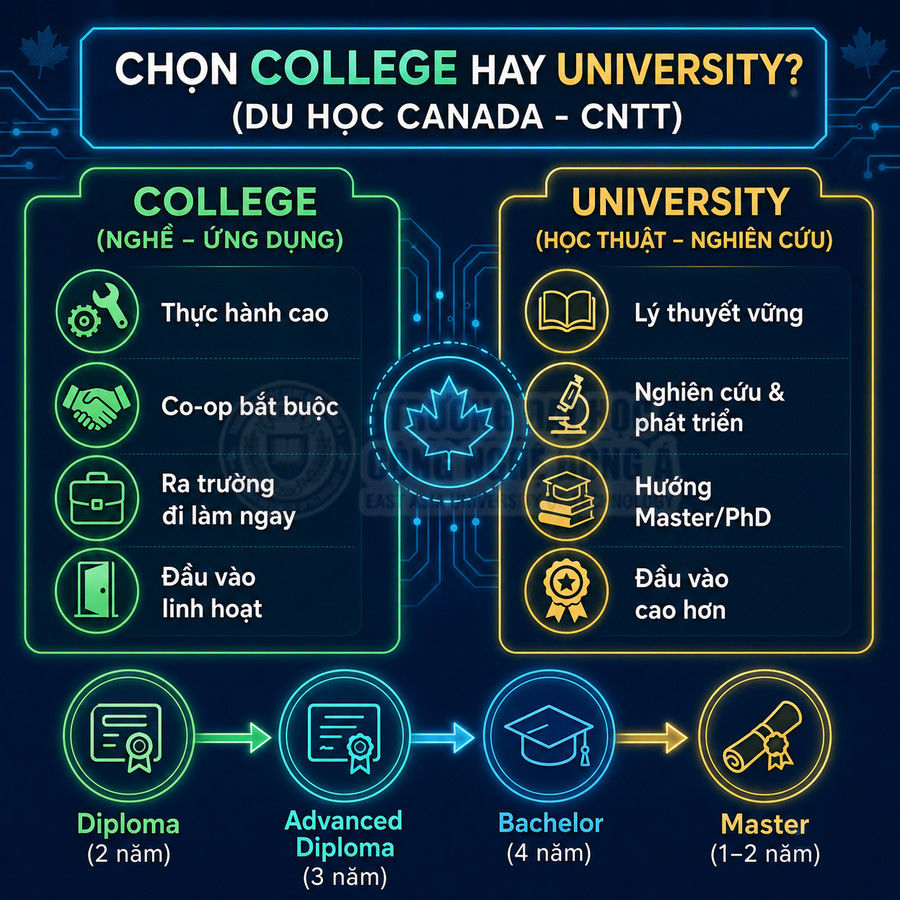 So sánh chương trình College và University ngành CNTT khi du học Canada, nêu ưu điểm và lộ trình Diploma đến Master