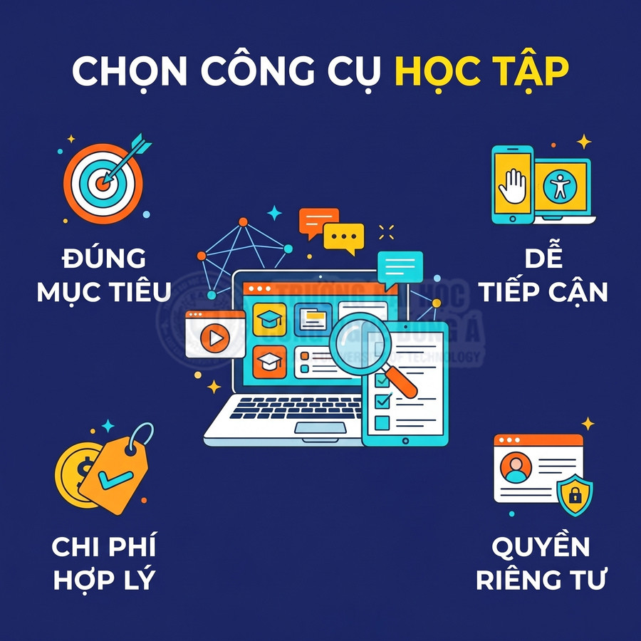 Laptop và máy tính bảng hiển thị công cụ học tập trực tuyến, kèm tiêu chí chọn công cụ phù hợp về mục tiêu, khả năng tiếp cận, chi phí và quyền riêng tư