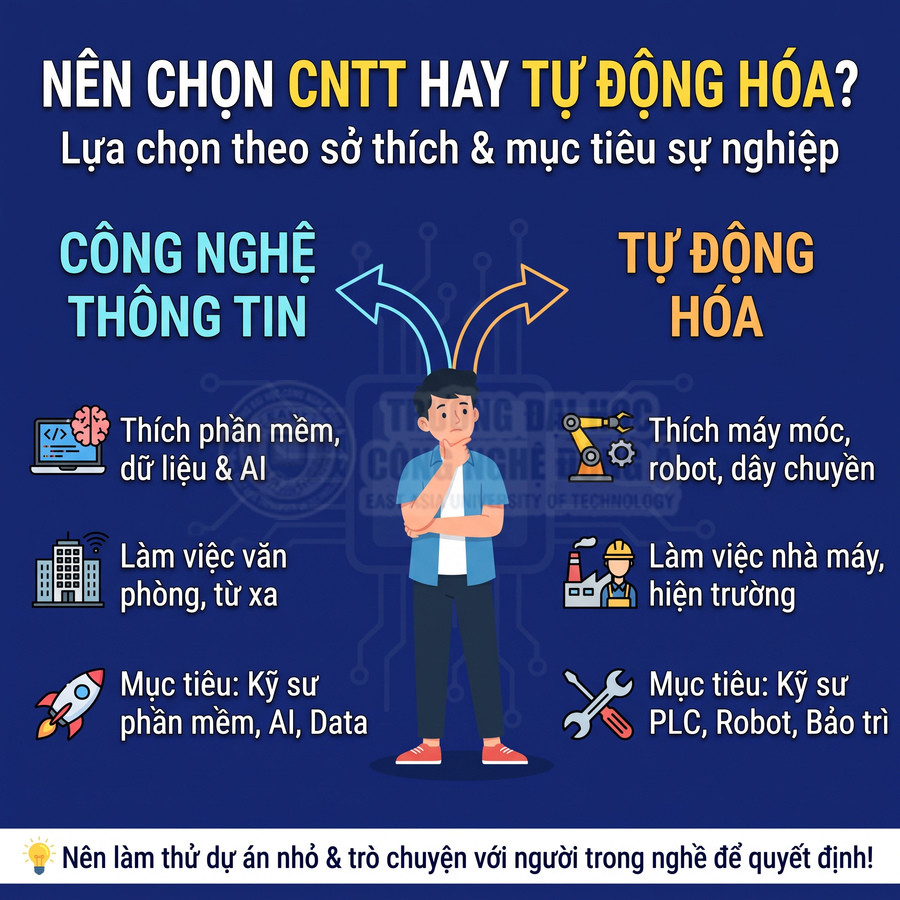 So sánh ngành Công nghệ thông tin và Tự động hóa về sở thích, môi trường làm việc và mục tiêu nghề nghiệp.