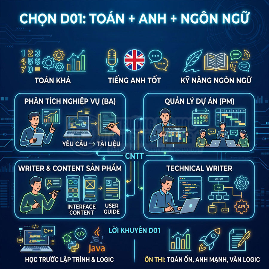 Infographic hướng nghiệp khối D01 với các nghề BA, PM, writer sản phẩm, technical writer trong lĩnh vực CNTT