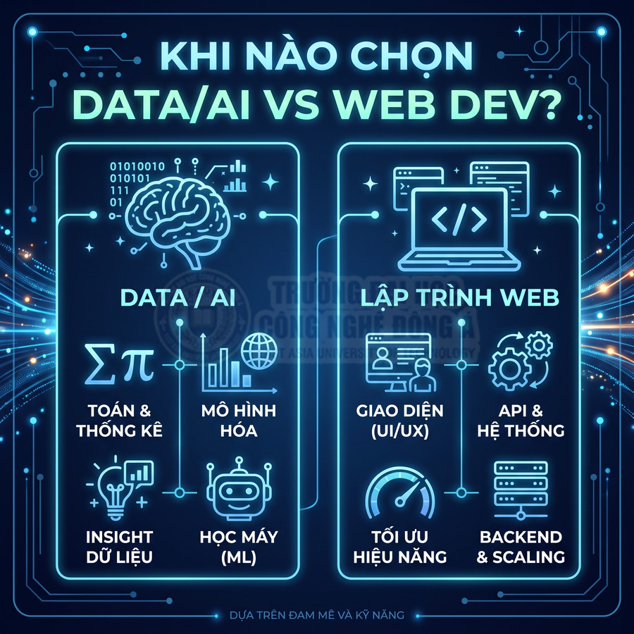 So sánh lộ trình học Data AI và lập trình web với các kỹ năng toán, học máy, UI UX, backend, API