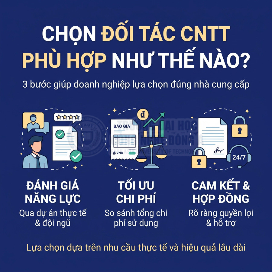 Các tiêu chí chọn đối tác công nghệ thông tin gồm đánh giá năng lực, tối ưu chi phí và cam kết hợp đồng rõ ràng.