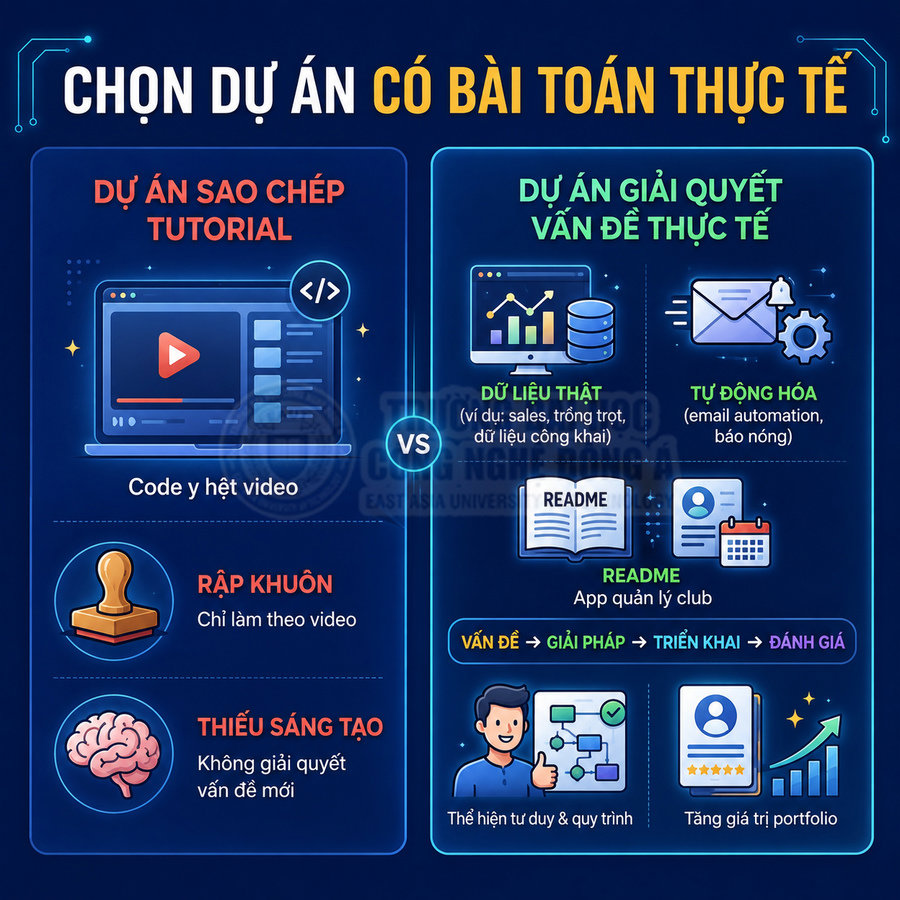 Infographic so sánh dự án sao chép tutorial với dự án lập trình giải quyết bài toán thực tế