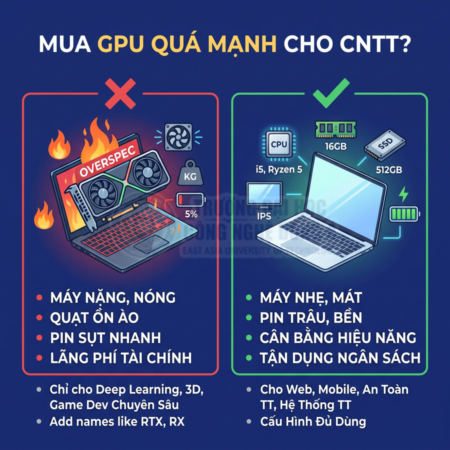 So sánh laptop GPU quá mạnh nóng tốn pin với laptop cấu hình vừa đủ i5 Ryzen 5 16GB SSD 512GB mát nhẹ tiết kiệm