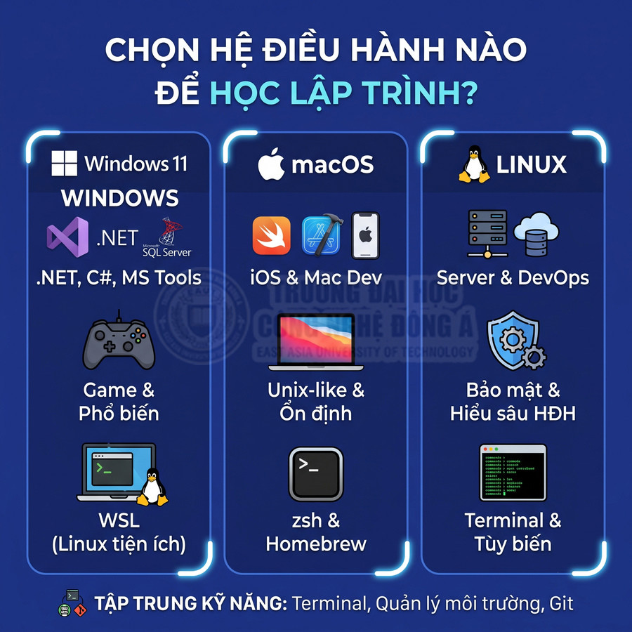 So sánh ưu nhược điểm Windows 11, macOS và Linux cho người học lập trình và phát triển phần mềm