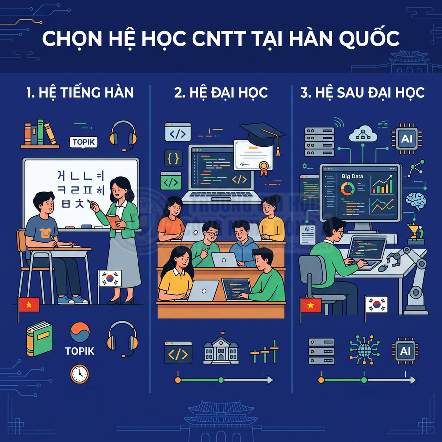Lộ trình học công nghệ thông tin tại Hàn Quốc từ tiếng Hàn, đại học đến sau đại học với minh họa sinh viên lập trình