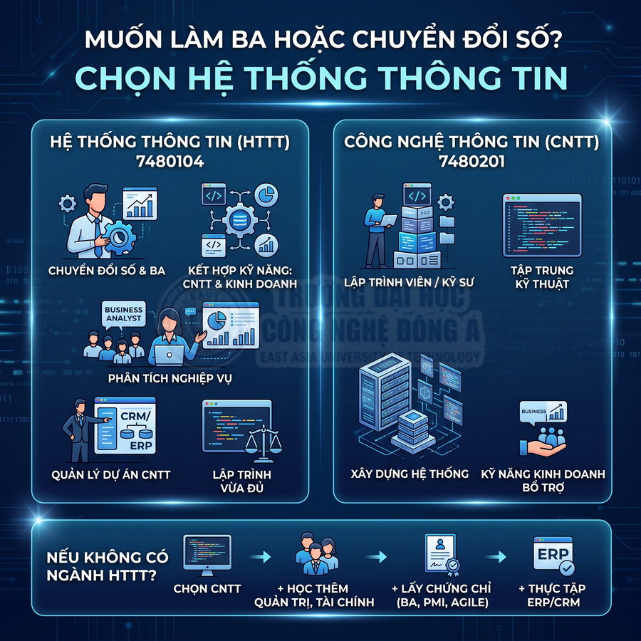 Infographic so sánh ngành Hệ thống thông tin và Công nghệ thông tin về chuyển đổi số, lập trình, phân tích nghiệp vụ, quản lý dự án