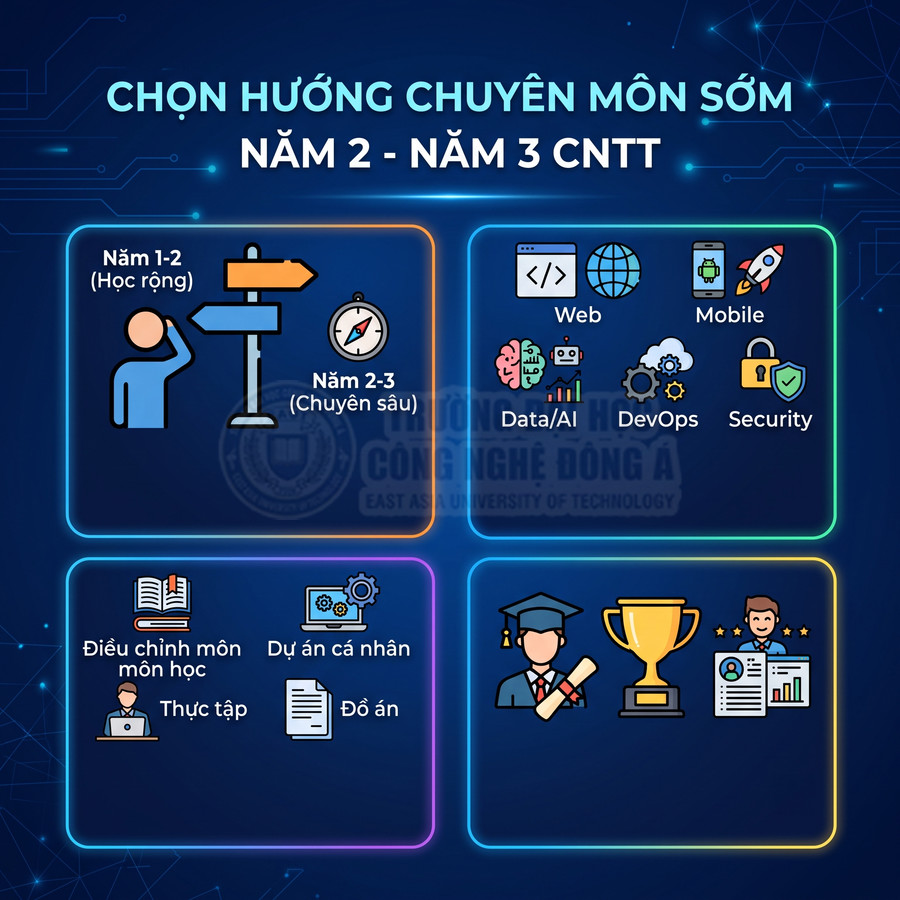 Infographic chọn hướng chuyên môn sớm cho sinh viên CNTT năm 2 năm 3 với các mảng Web Mobile Data AI DevOps Security