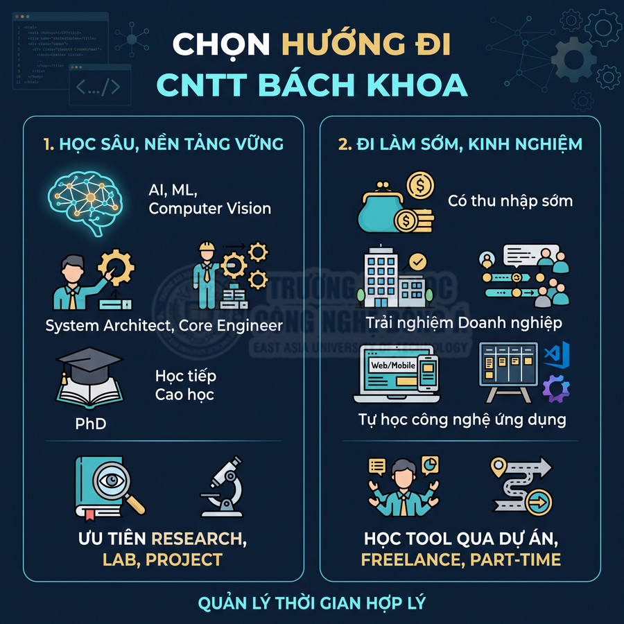 Infographic hướng đi ngành CNTT Bách Khoa với lựa chọn học sâu nền tảng vững hoặc đi làm sớm tích lũy kinh nghiệm