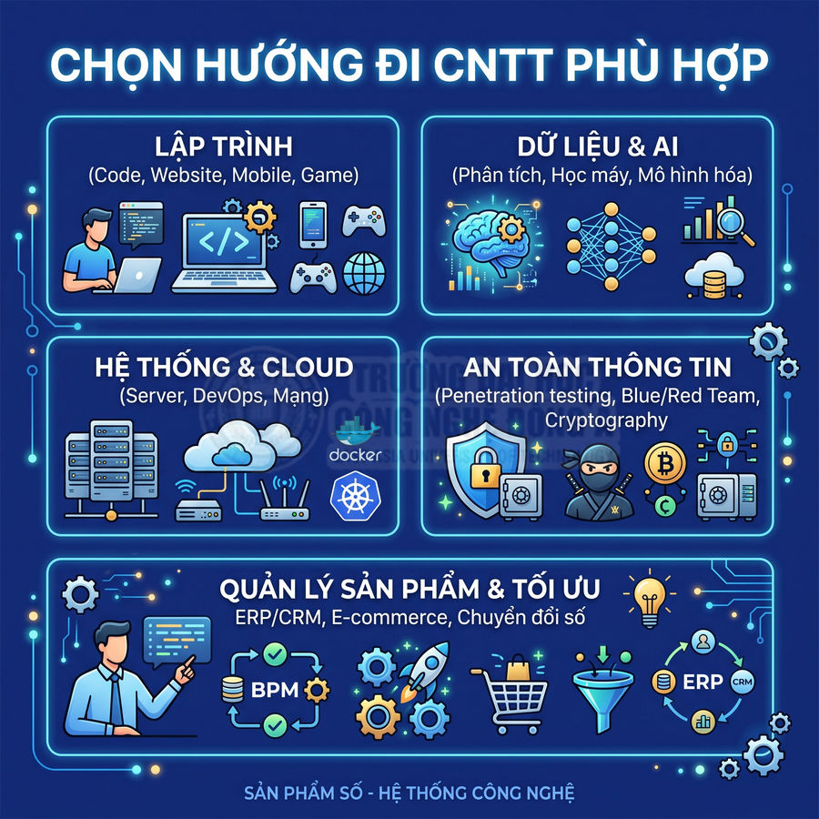 Các hướng đi ngành CNTT gồm lập trình, dữ liệu AI, hệ thống cloud, an toàn thông tin, quản lý sản phẩm