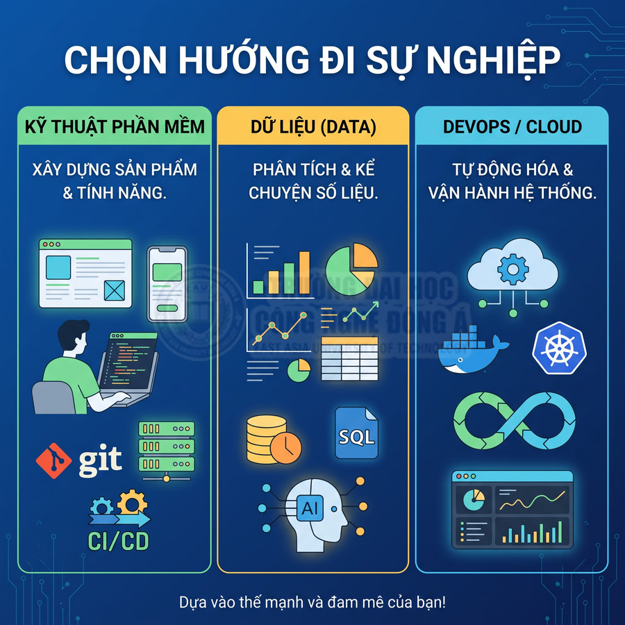 Infographic hướng nghiệp công nghệ: kỹ thuật phần mềm, dữ liệu và DevOps Cloud với biểu tượng lập trình, AI, SQL, Docker, Kubernetes