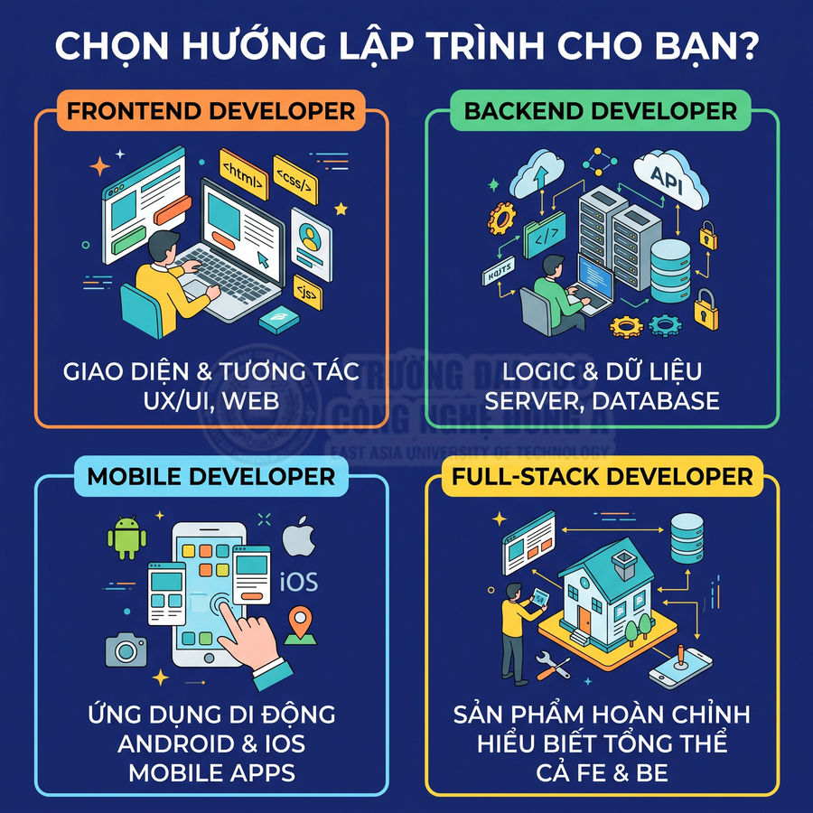 So sánh các hướng lập trình frontend, backend, mobile và full‑stack với mô tả nhiệm vụ minh họa