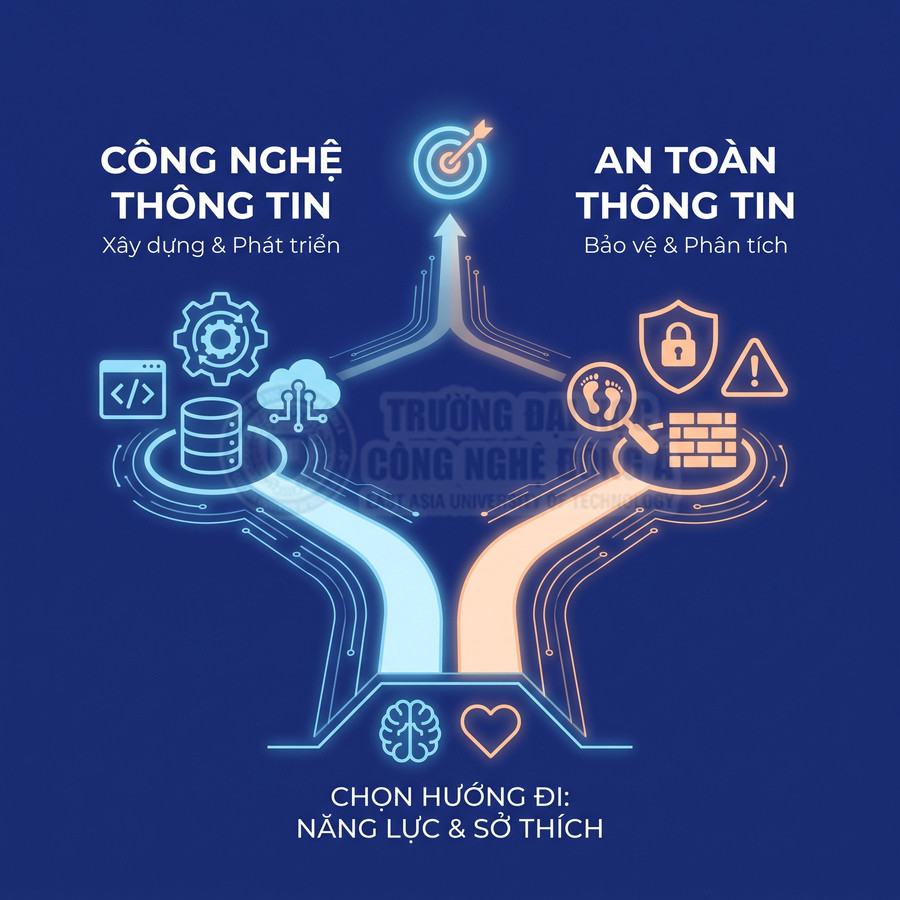 Hình minh họa hai hướng nghề nghiệp công nghệ thông tin và an toàn thông tin, chọn theo năng lực và sở thích