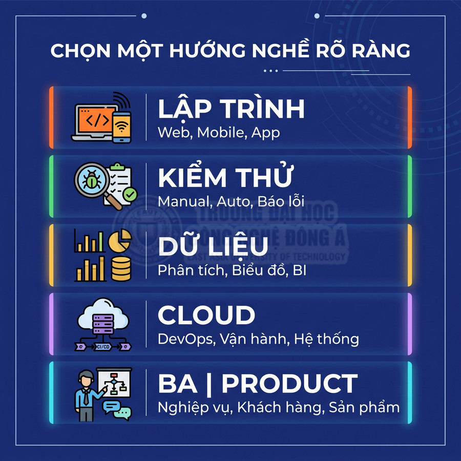 Poster hướng nghiệp CNTT với các lựa chọn lập trình, kiểm thử, dữ liệu, cloud, BA và product trên nền xanh