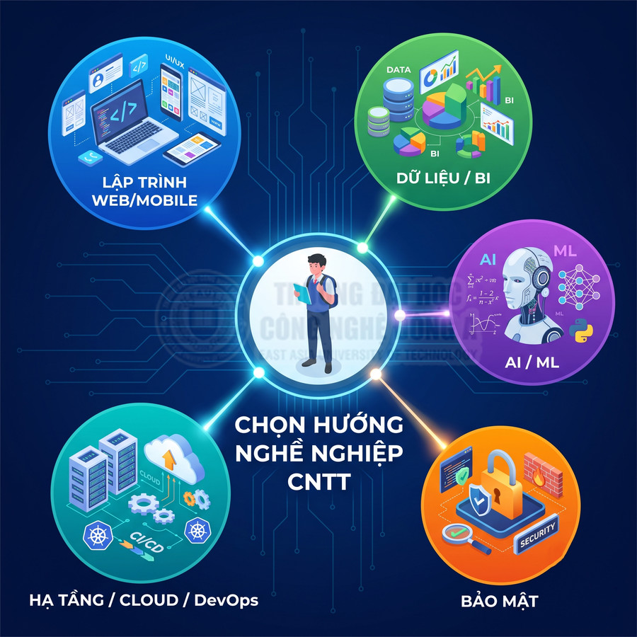 Các hướng nghề nghiệp CNTT gồm lập trình web mobile, dữ liệu BI, AI ML, hạ tầng cloud DevOps và bảo mật