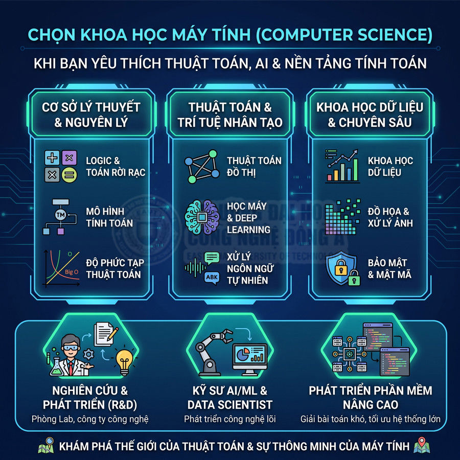 Infographic giới thiệu ngành khoa học máy tính với các mảng thuật toán, AI, khoa học dữ liệu và cơ hội nghề nghiệp