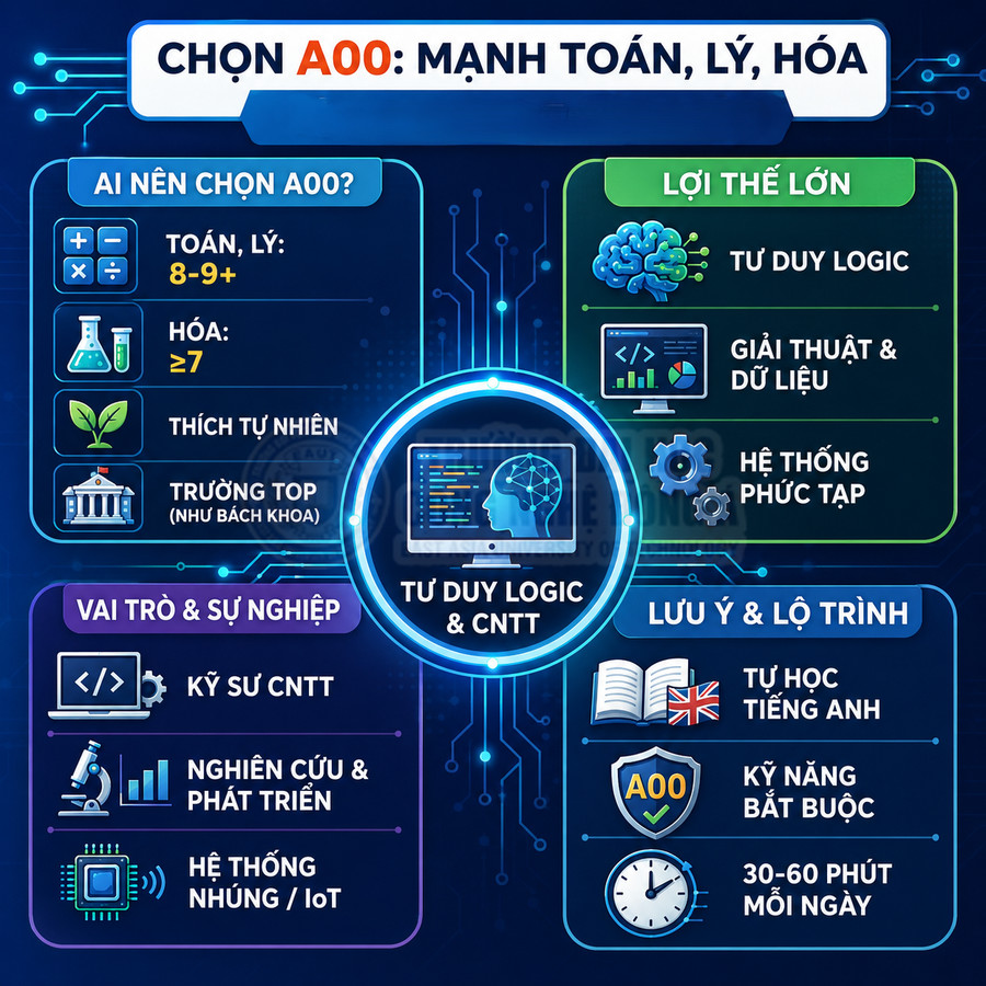 Infographic giới thiệu lợi thế và lộ trình cho học sinh chọn khối A00 mạnh Toán Lý Hóa và định hướng CNTT