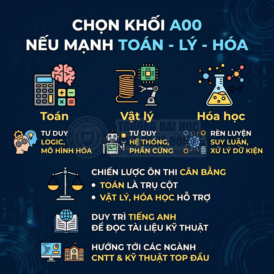 Infographic tư vấn chọn khối A00 cho học sinh mạnh Toán Lý Hóa, định hướng ngành CNTT và kỹ thuật