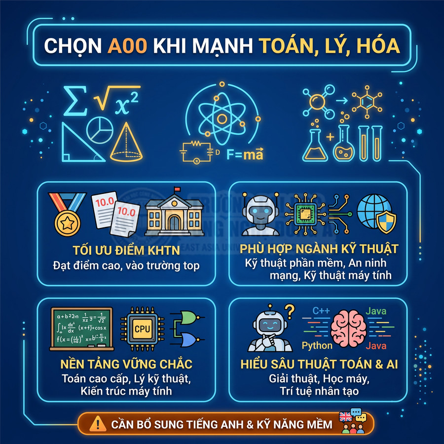 Infographic chọn khối A00 cho học sinh mạnh Toán Lý Hóa, định hướng ngành kỹ thuật và trí tuệ nhân tạo