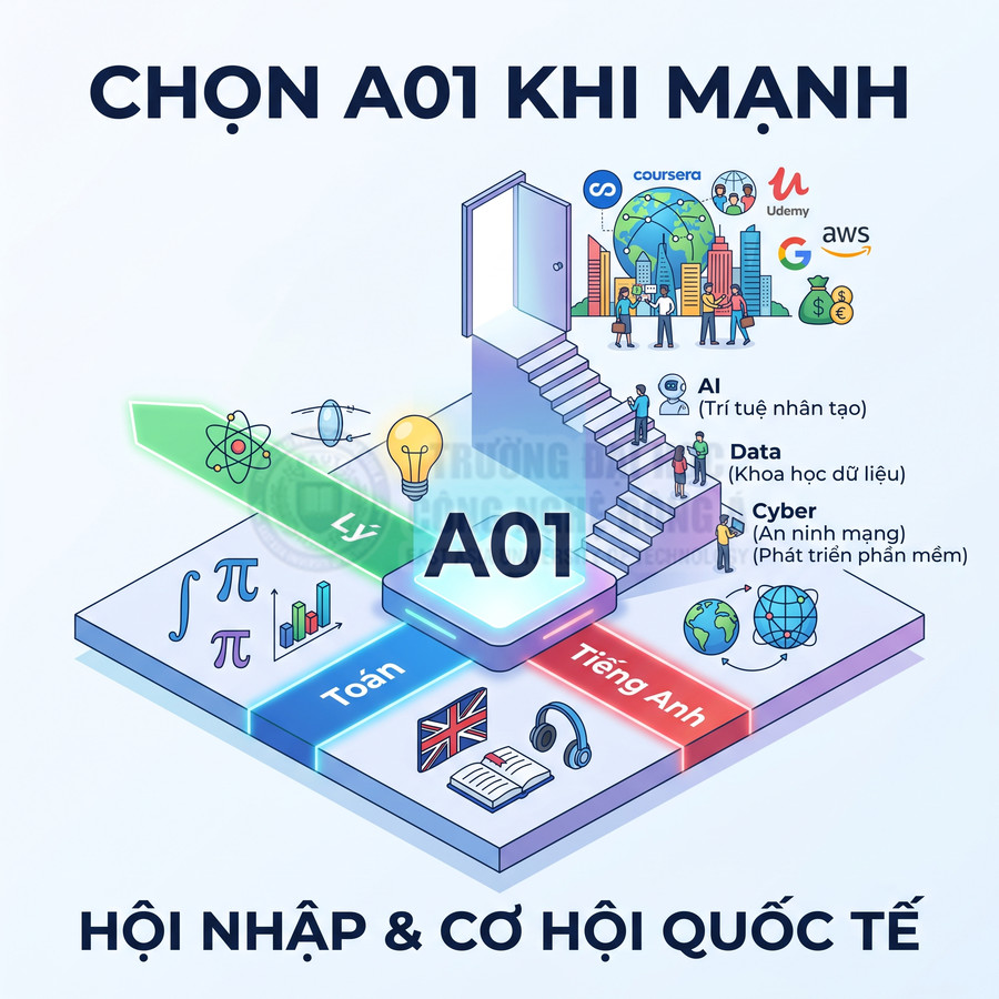 Infographic tổ hợp A01 với Toán Lý Tiếng Anh mở lối vào ngành AI Data Cyber và cơ hội hội nhập quốc tế
