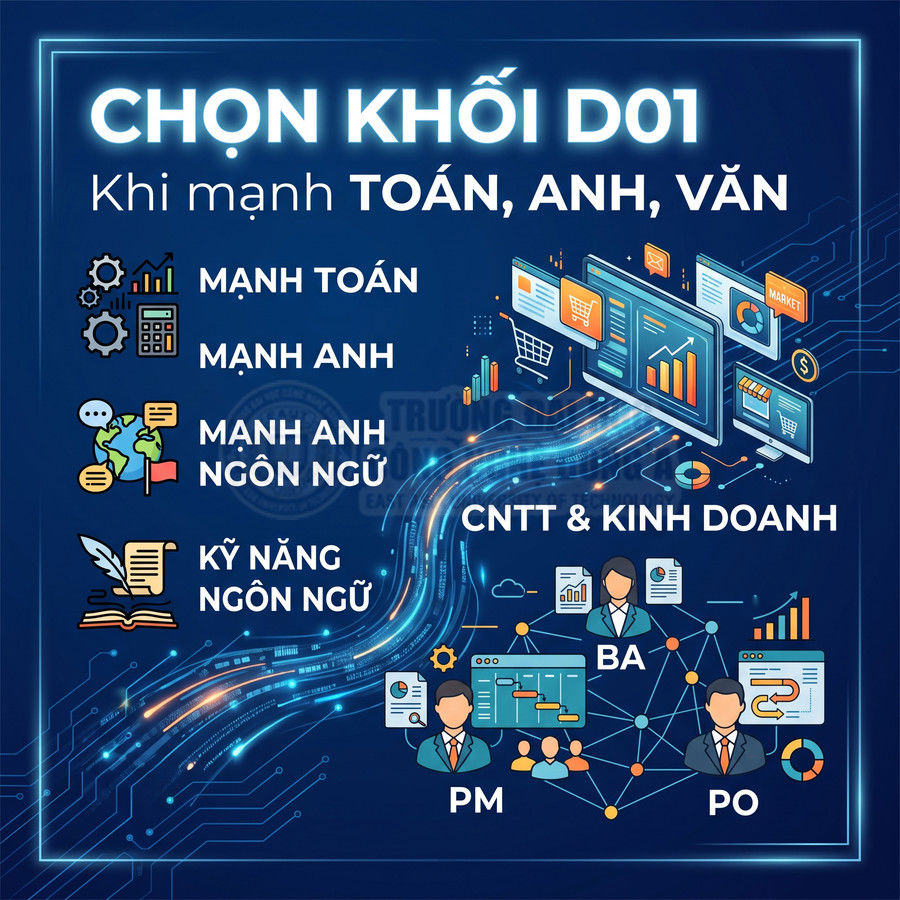 Poster tư vấn chọn khối D01 cho học sinh mạnh Toán Anh Văn định hướng ngành CNTT và kinh doanh