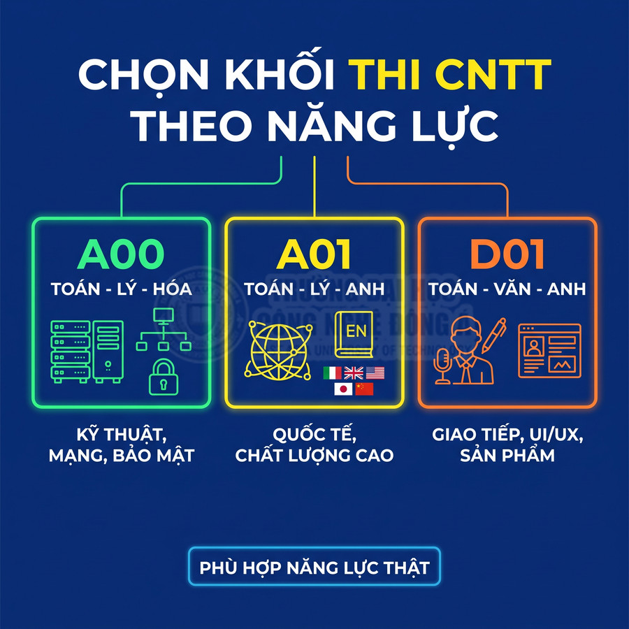 Infographic chọn khối thi CNTT A00 A01 D01 theo năng lực với môn học và định hướng ngành học