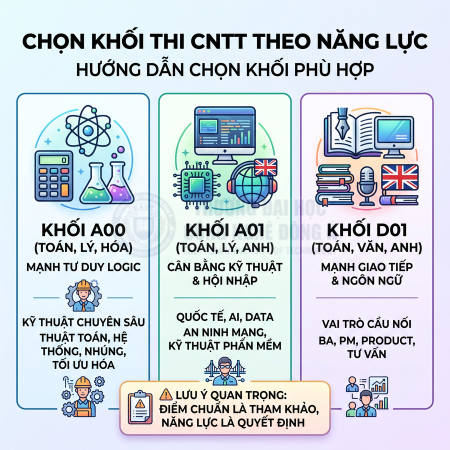 Infographic hướng dẫn chọn khối thi CNTT A00 A01 D01 theo năng lực với mô tả môn học và định hướng nghề nghiệp