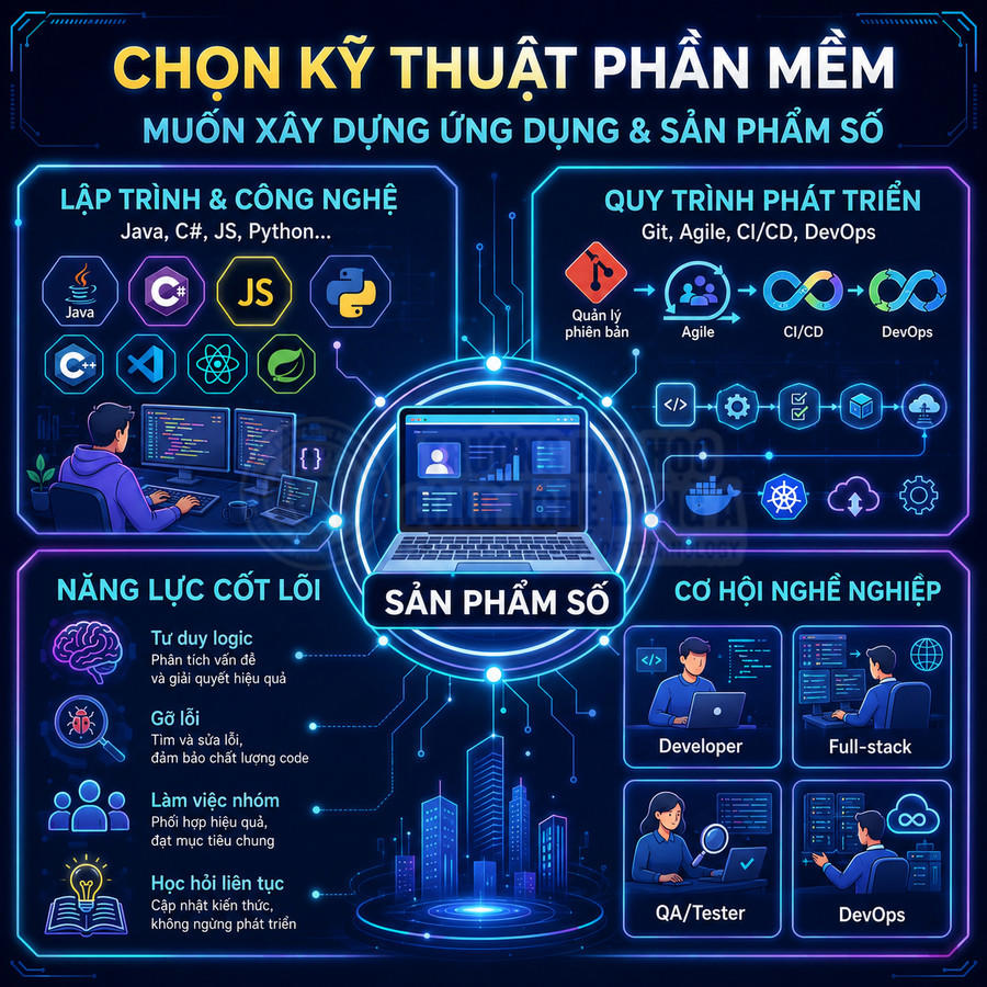 Infographic kỹ thuật phần mềm với laptop sản phẩm số, ngôn ngữ lập trình, quy trình phát triển và cơ hội nghề nghiệp