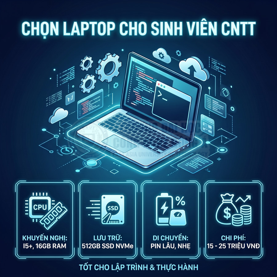 Hướng dẫn chọn laptop cho sinh viên CNTT với CPU i5, 16GB RAM, SSD 512GB, pin lâu, giá 15–25 triệu VNĐ