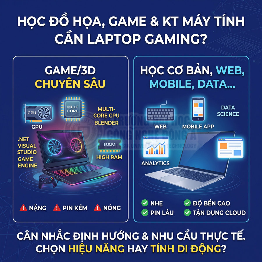 So sánh laptop gaming cấu hình cao và laptop mỏng nhẹ cho học đồ họa, game, lập trình web mobile data
