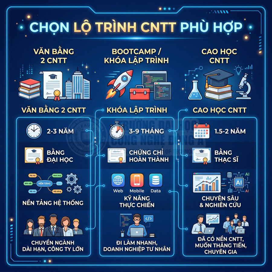 Infographic so sánh lộ trình học CNTT gồm văn bằng 2, bootcamp lập trình và cao học với thời gian, bằng cấp, cơ hội nghề nghiệp
