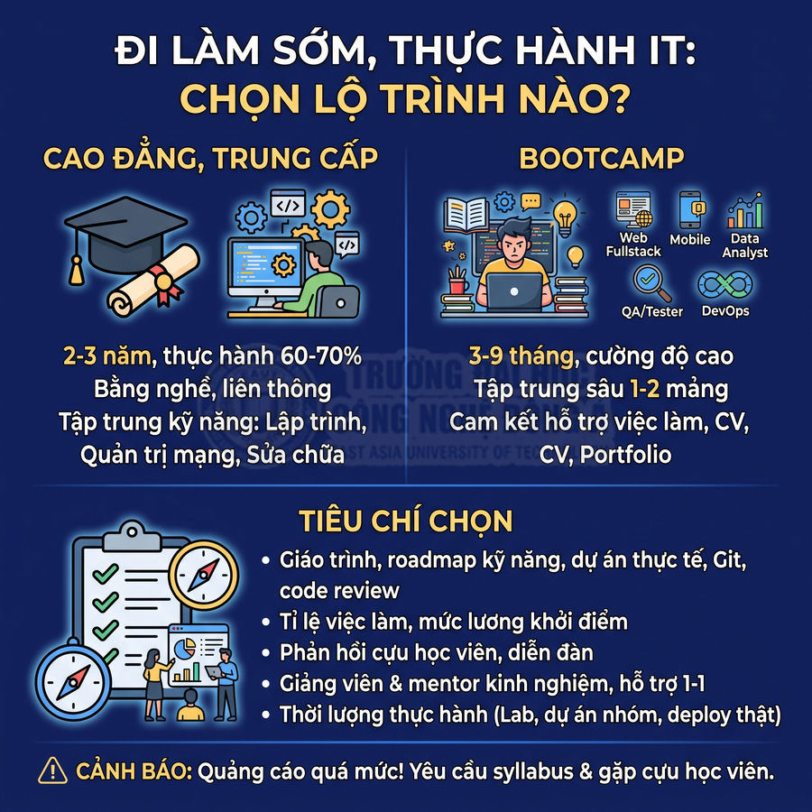 Infographic so sánh lộ trình học IT cao đẳng trung cấp và bootcamp, tiêu chí chọn khóa học lập trình
