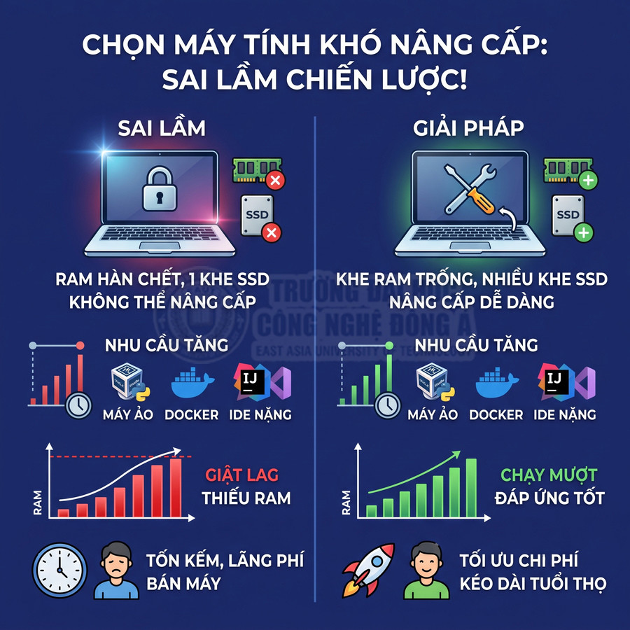 Infographic so sánh laptop khó nâng cấp và laptop nhiều khe RAM SSD dễ nâng cấp, tối ưu hiệu năng chi phí