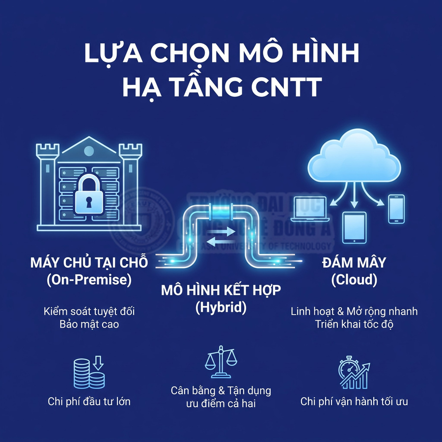 Các mô hình hạ tầng CNTT gồm máy chủ tại chỗ, đám mây và mô hình kết hợp Hybrid