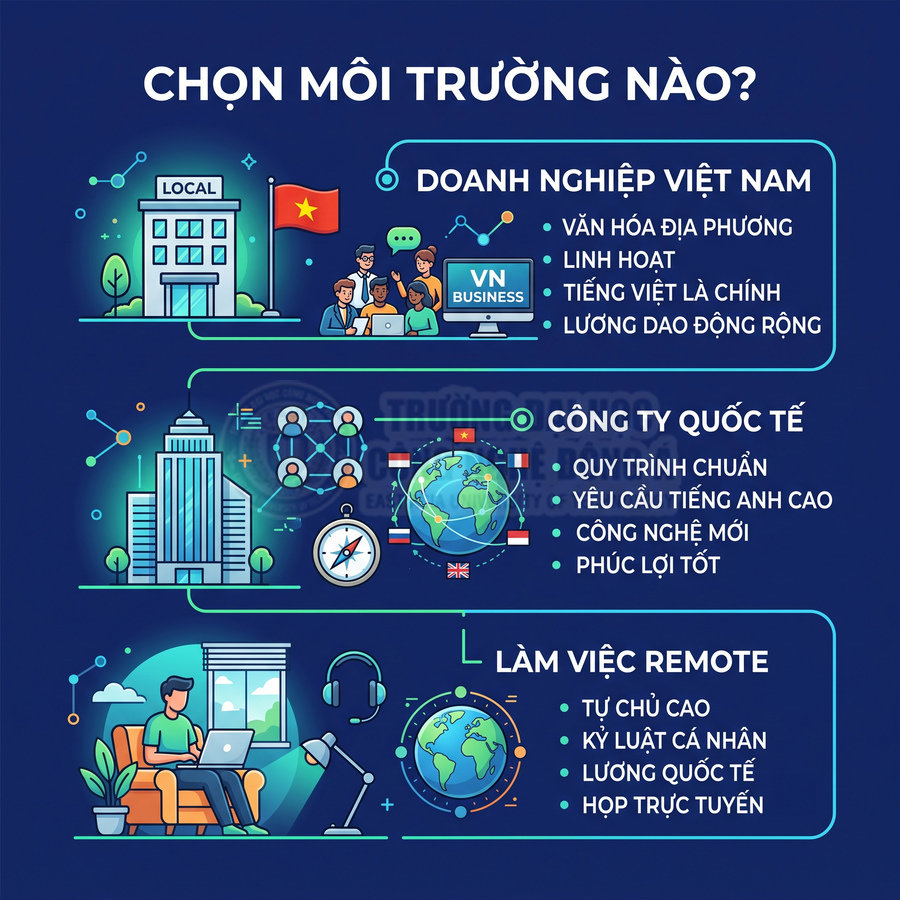 So sánh môi trường làm việc doanh nghiệp Việt Nam, công ty quốc tế và làm việc remote bằng minh họa trực quan