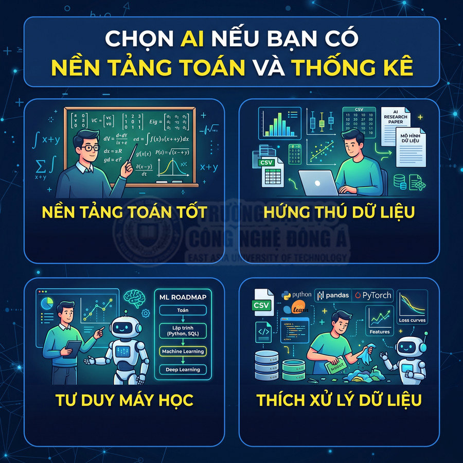 Poster hướng nghiệp AI cho người có nền tảng toán thống kê, minh họa học toán, dữ liệu, máy học và xử lý dữ liệu