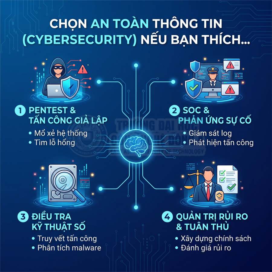 Infographic giới thiệu các mảng nghề an toàn thông tin cybersecurity như pentest SOC điều tra số và quản trị rủi ro