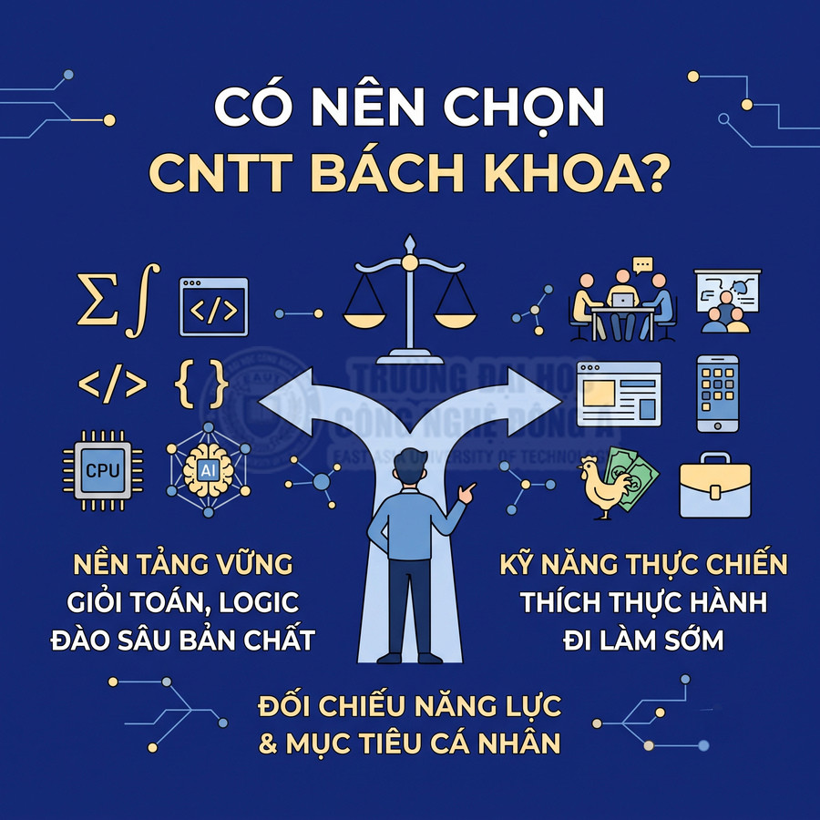 Poster tư vấn chọn ngành CNTT Bách Khoa với hình minh họa sinh viên và các biểu tượng lập trình, AI, kỹ năng nghề nghiệp