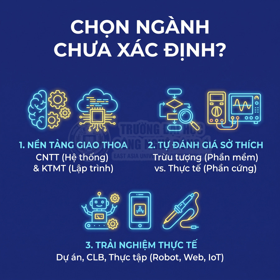 Poster tư vấn chọn ngành CNTT và Kỹ thuật máy tính với nền xanh, icon não, chip, robot, điện thoại, thiết bị đo