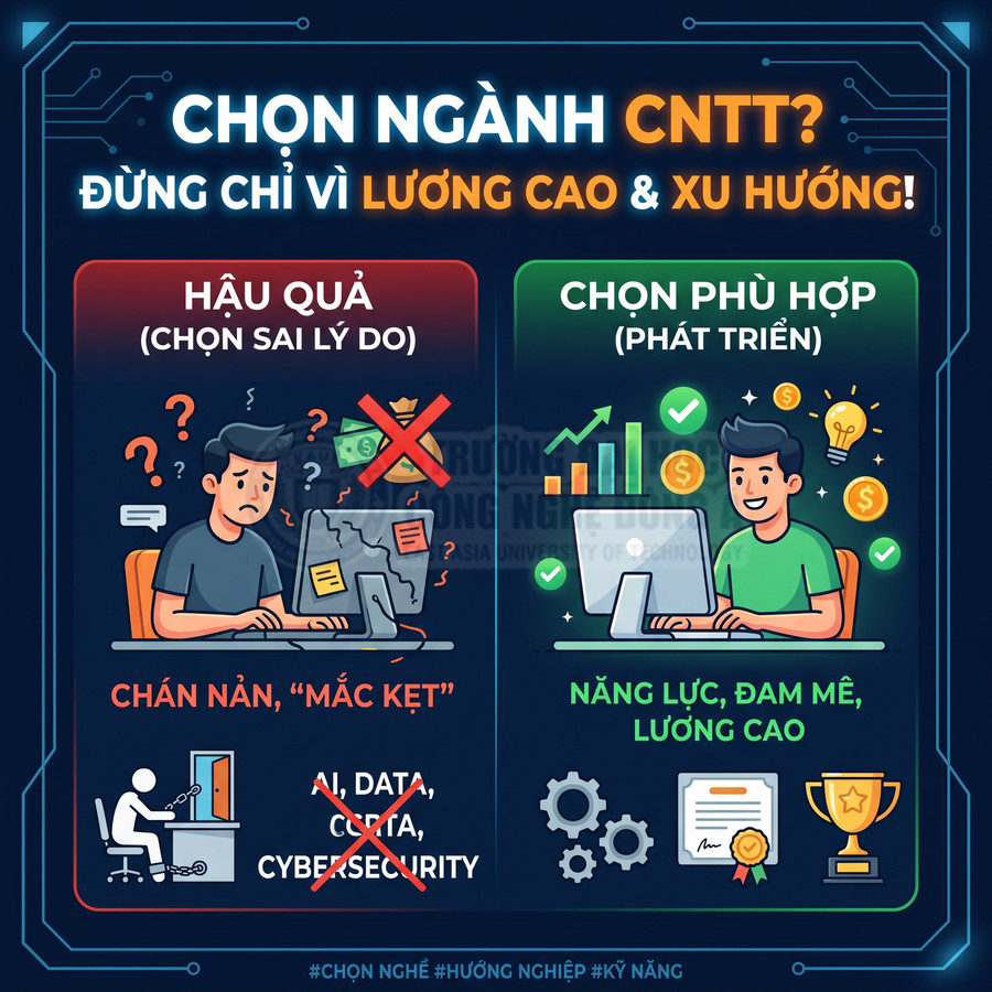 Infographic so sánh hậu quả chọn sai lý do và lợi ích chọn đúng ngành CNTT dựa trên năng lực đam mê