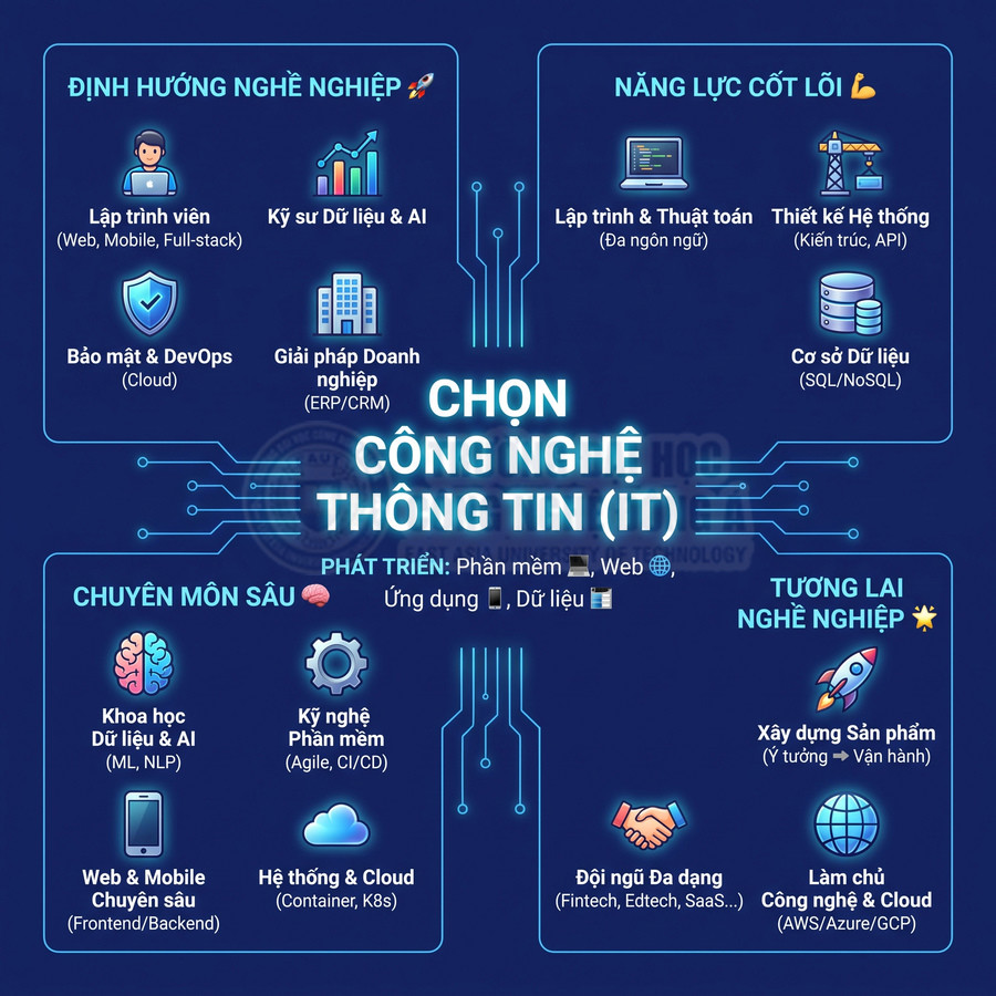 Infographic hướng nghiệp công nghệ thông tin với các mảng lập trình, dữ liệu, bảo mật, cloud và tương lai nghề nghiệp