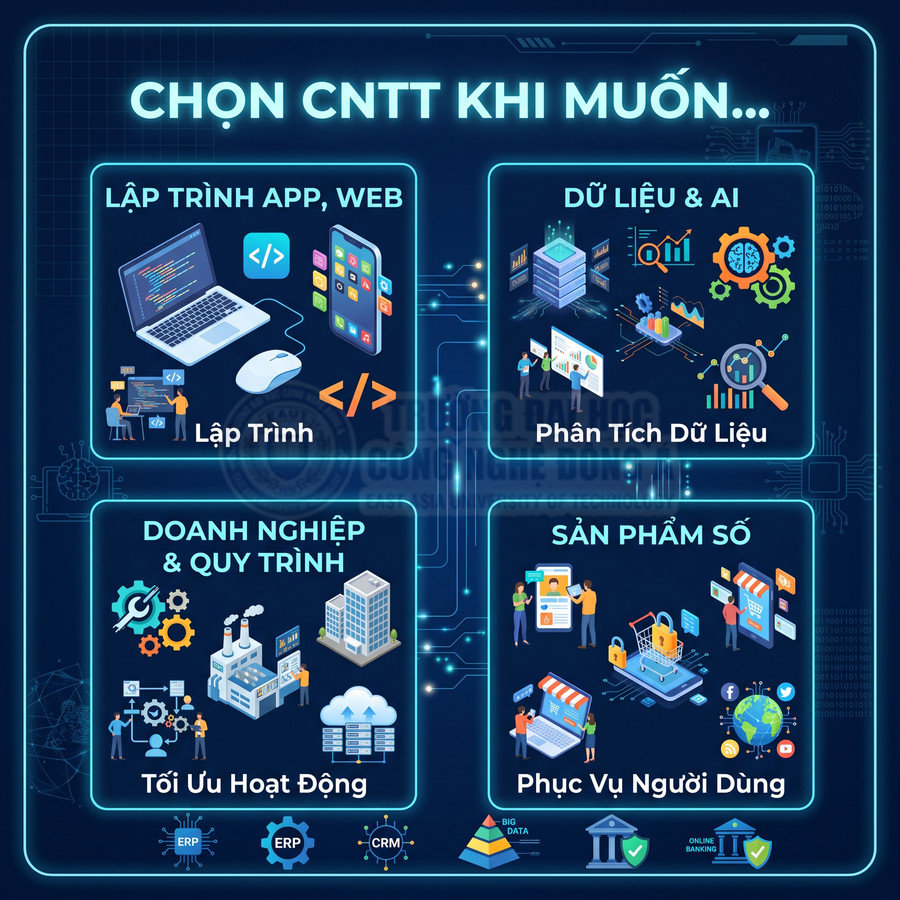 Poster giới thiệu các lĩnh vực ngành CNTT gồm lập trình web app, dữ liệu AI, tối ưu doanh nghiệp và phát triển sản phẩm số