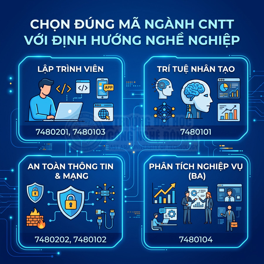 Infographic các mã ngành CNTT: lập trình viên, trí tuệ nhân tạo, an toàn thông tin mạng, phân tích nghiệp vụ BA