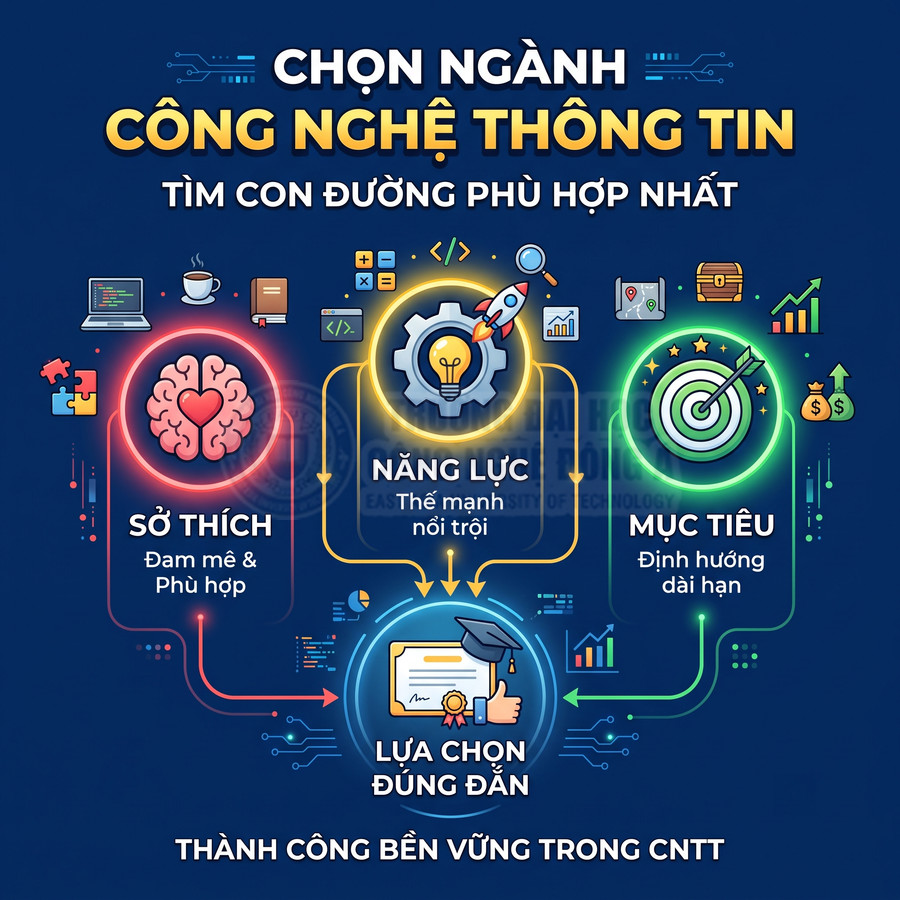 Infographic hướng dẫn chọn ngành công nghệ thông tin dựa trên sở thích năng lực và mục tiêu để có lựa chọn đúng đắn