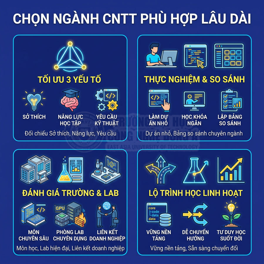 Infographic hướng dẫn chọn ngành công nghệ thông tin phù hợp lâu dài với các tiêu chí học tập và lộ trình linh hoạt